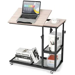 COSTWAY Beistelltisch aus Holz, höhenverstellbar und neigbar, Sofatisch, C-Form, 3 Stufen, Laptoptisch mit Rollen
