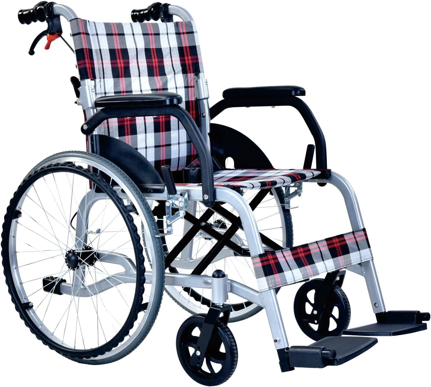 Selbstfahrender Rollstuhl, Schieberollstuhl, leicht, zusammenklappbar, mit doppelter Bremse (12 kg), Rollstuhl für Senioren und Menschen mit Behinderung, Aluminium-Rollstühle