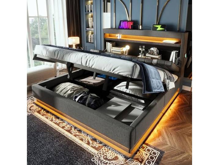 Ball & Cast Hydraulisches Stauraumbett(160x200cm), Polsterbett mit Beleuchtung und USB-Ladefunktion, Praktisches Bettgestell mit Stauraum, Leinenstoff, ohne Matratze, Grau