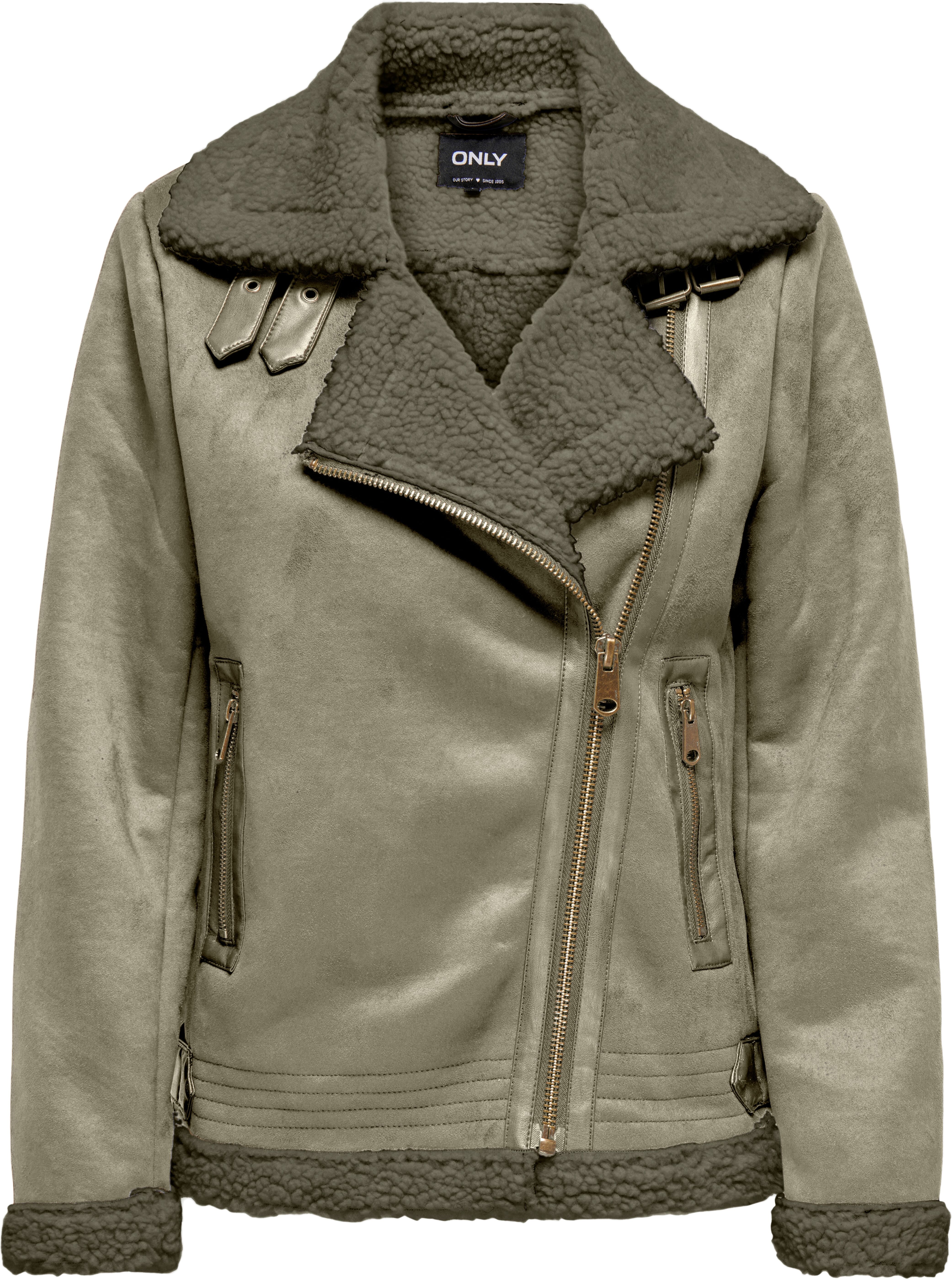 Lederimitatjacke ONLY "ONLNEWDIANA AVIATOR JACKET CC OTW", Damen, Gr. XS, grün (mermaid detail:kalamata fur), Web, Obermaterial: 100% Polyester, unifarben, regular fit, Jacken Lederimitatjacke mermaid detail:kalamata fur XS