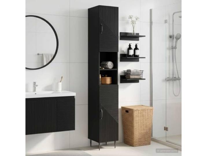 KTHLBRH Badezimmerschrank mit offenem Regal HAARLEM Schwarz, Holzwerkstoff, Offene Ablage, umkehrbare Tür, kompaktes Design, pflegeleichte Oberfläche, stabiler Holzwerkstoff