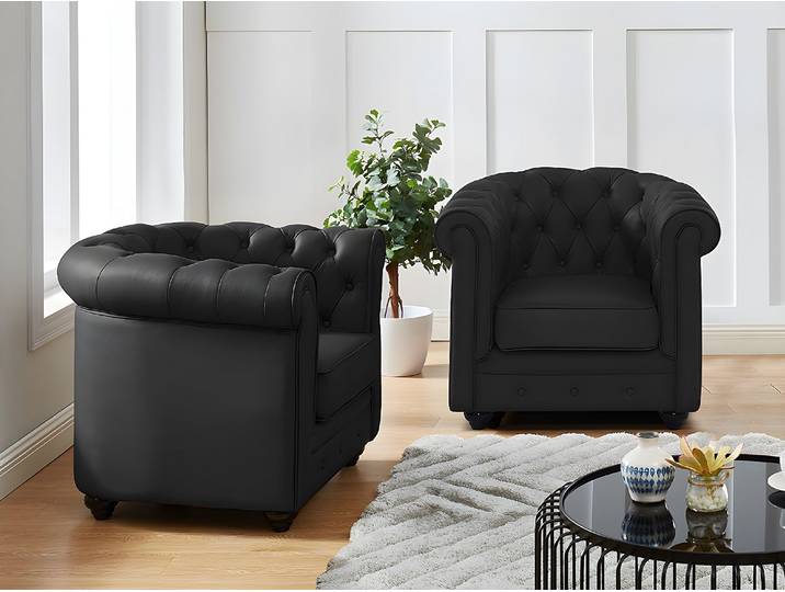 Ledersessel 2er-Set - Büffelleder - Schwarz - CHESTERFIELD