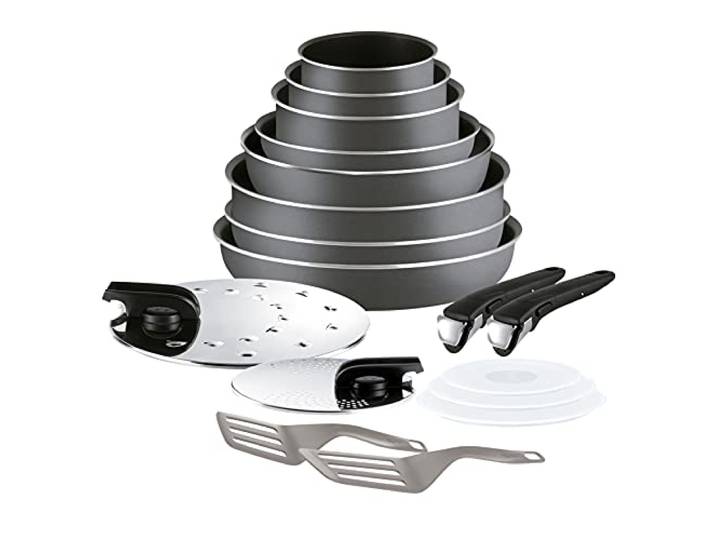 Tefal Ingenio Essential - Set mit 4 Pfannen, 3 Schöpfkellen + abnehmbarem Griff: 22/26/28 cm Pfannen + 24 cm Wok, 16 cm Stielkasserolle, 18/20 cm Aufläufe, 2 Deckel und Griffe