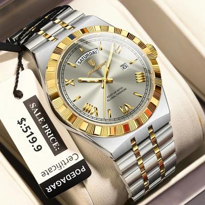 Uplifted Goods Luxury Business Quartz Watch For Men With Week & Date Display gold White Face