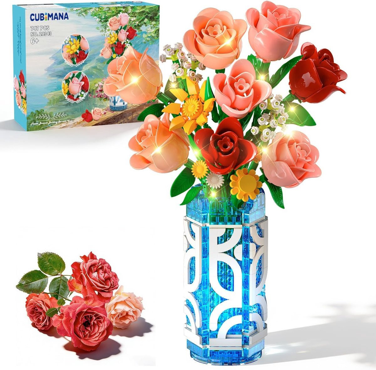 Solidchoice Bloemenboeket Bouwset met Vaasje en LED Licht - 14 Mini Rozen