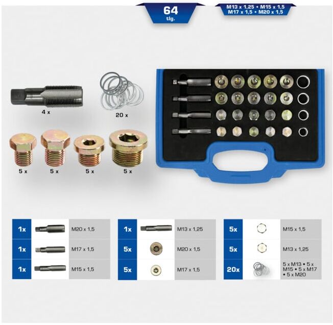 Brilliant Tools Kit de réparation de filetage de bouchon de vidange d’huile, 64 pcs (BT711250)