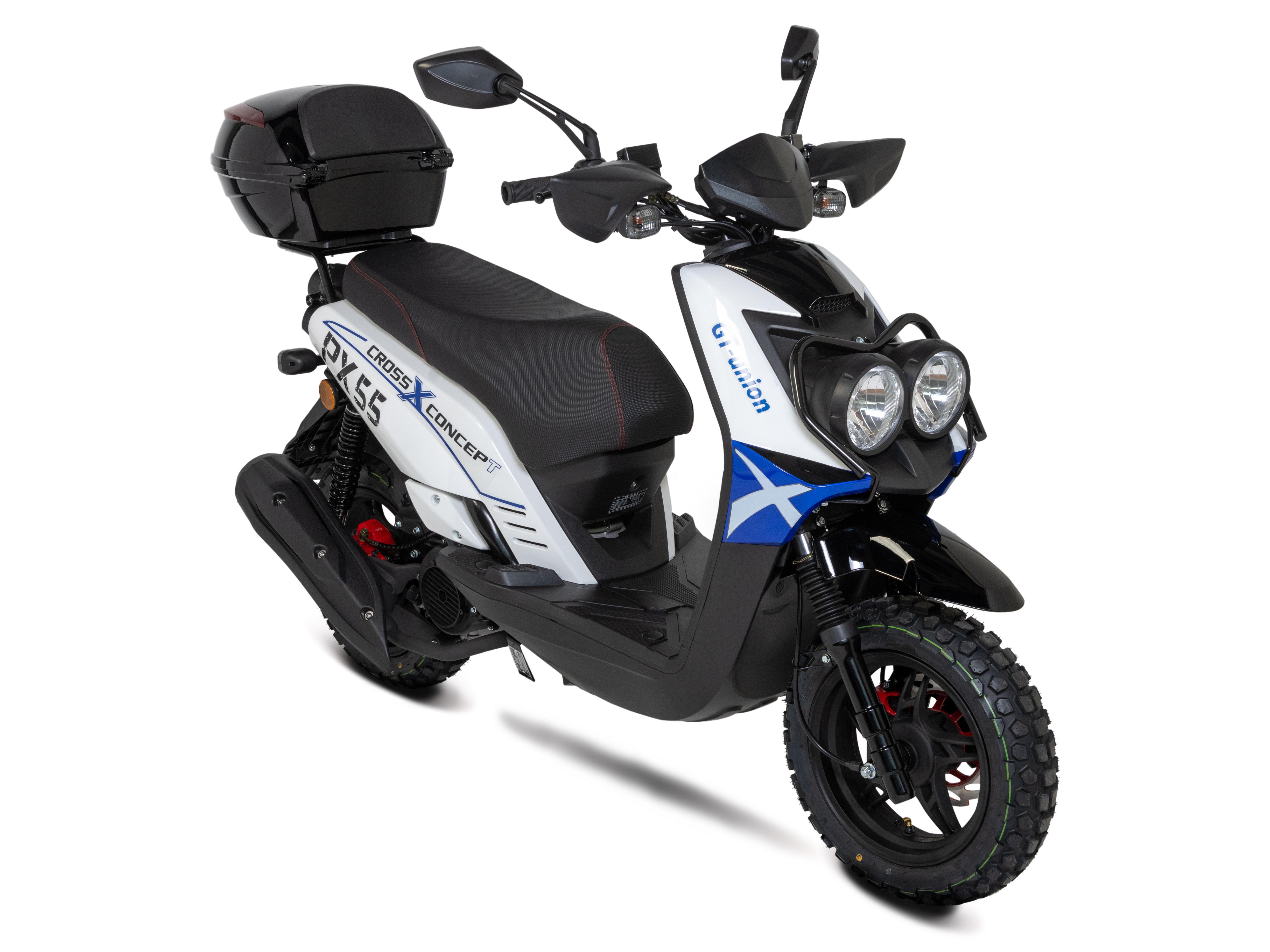 Motorroller PX55 Cross 50ccm 25 km/h, blau-weiß mit Top Case GT Union