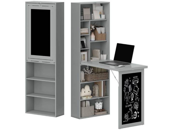 LIA Bureau avec rangement pliable murale rabattable avec bibliothèque poste de travail tableau à craie et étagère réglable