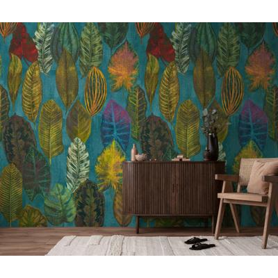 Vliestapete LIVING WALLS "Fototapete Blätter Collage erweiterbar", bunt (blau, grün, gelb, braun), B:159m, Vlies, Tapeten