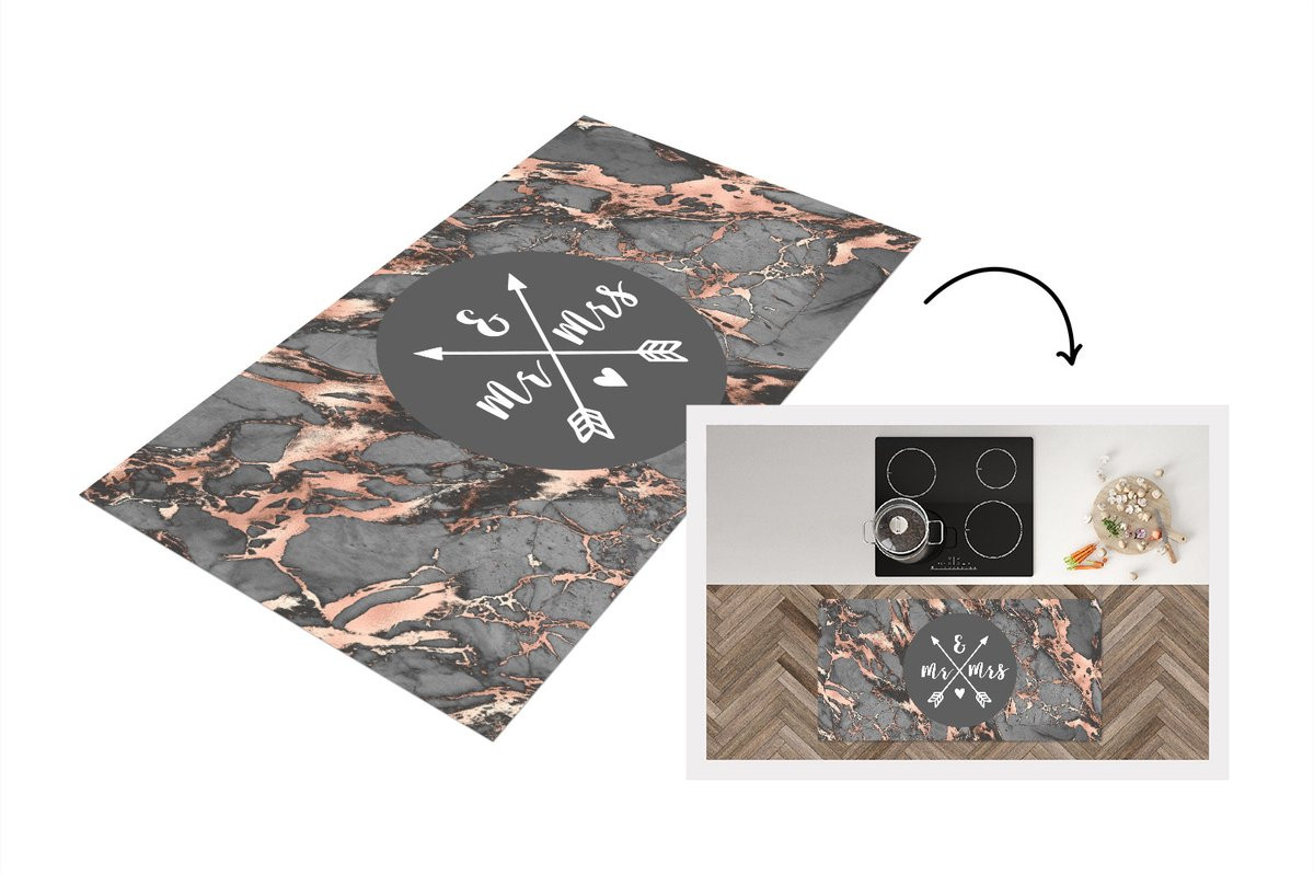 KitchenYeah Keukenloper Stone Look met Mr & Mrs Quotes - Vinyl - 120 x 60 cm