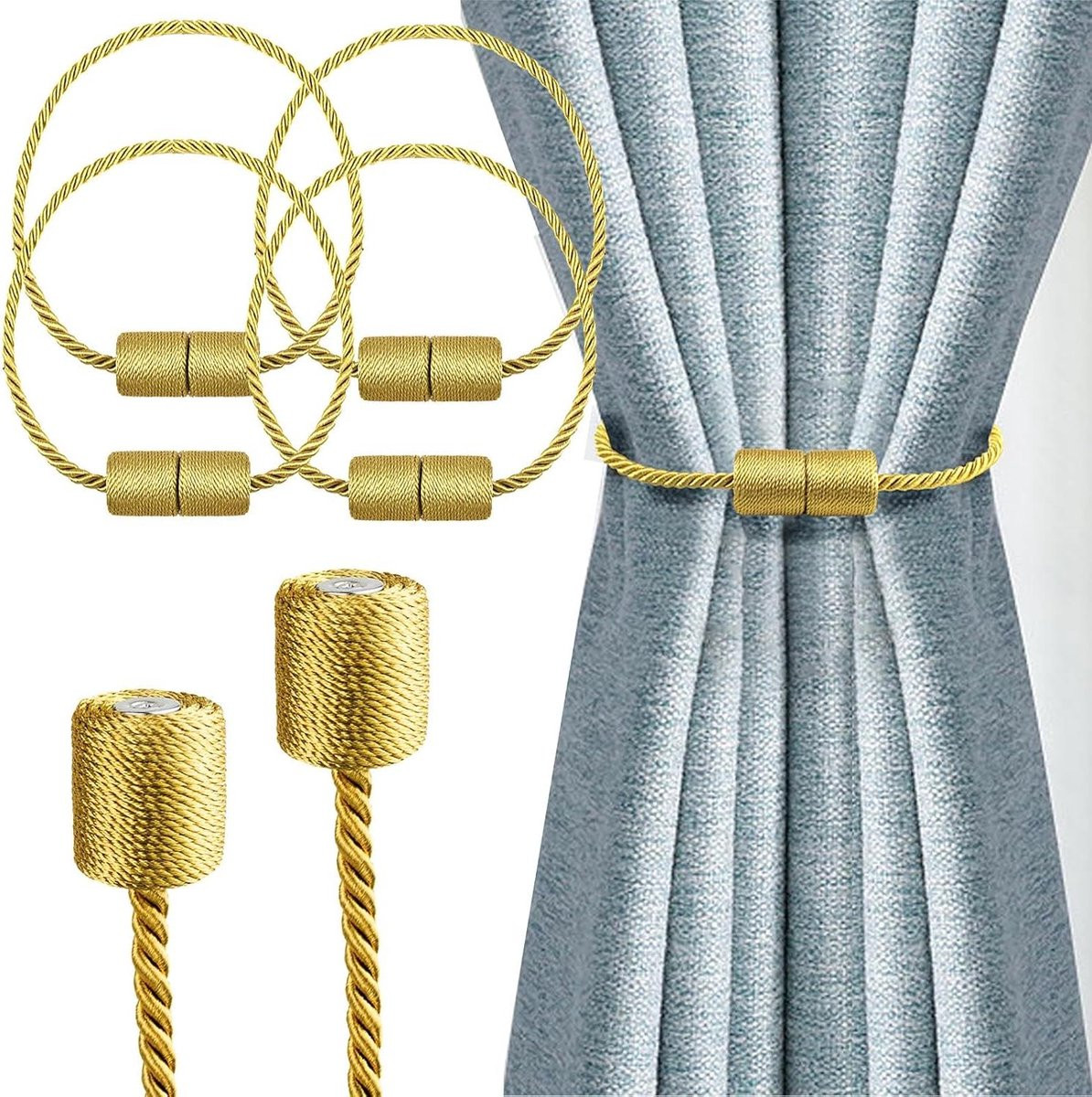 Magnetische Gordijnhouders - Gordijn Tiebacks Touw - Goud - Lengte: 38,8 cm