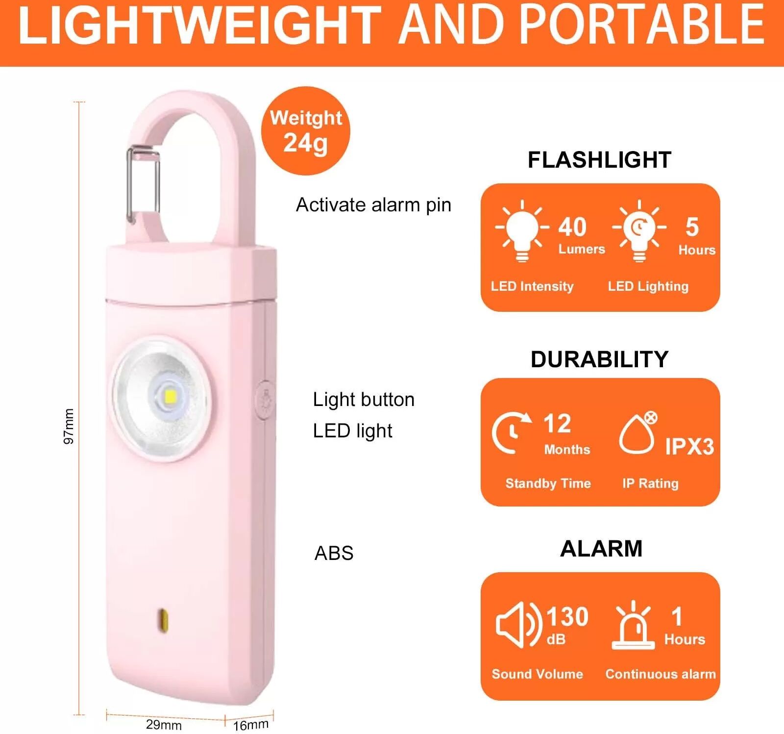 INF Wiederaufladbarer 130dB Personen-Sicherheitsalarm mit LED-Licht - Anti-Wolf-Notfall-Schlüsselanhänger-Alarm Rosa