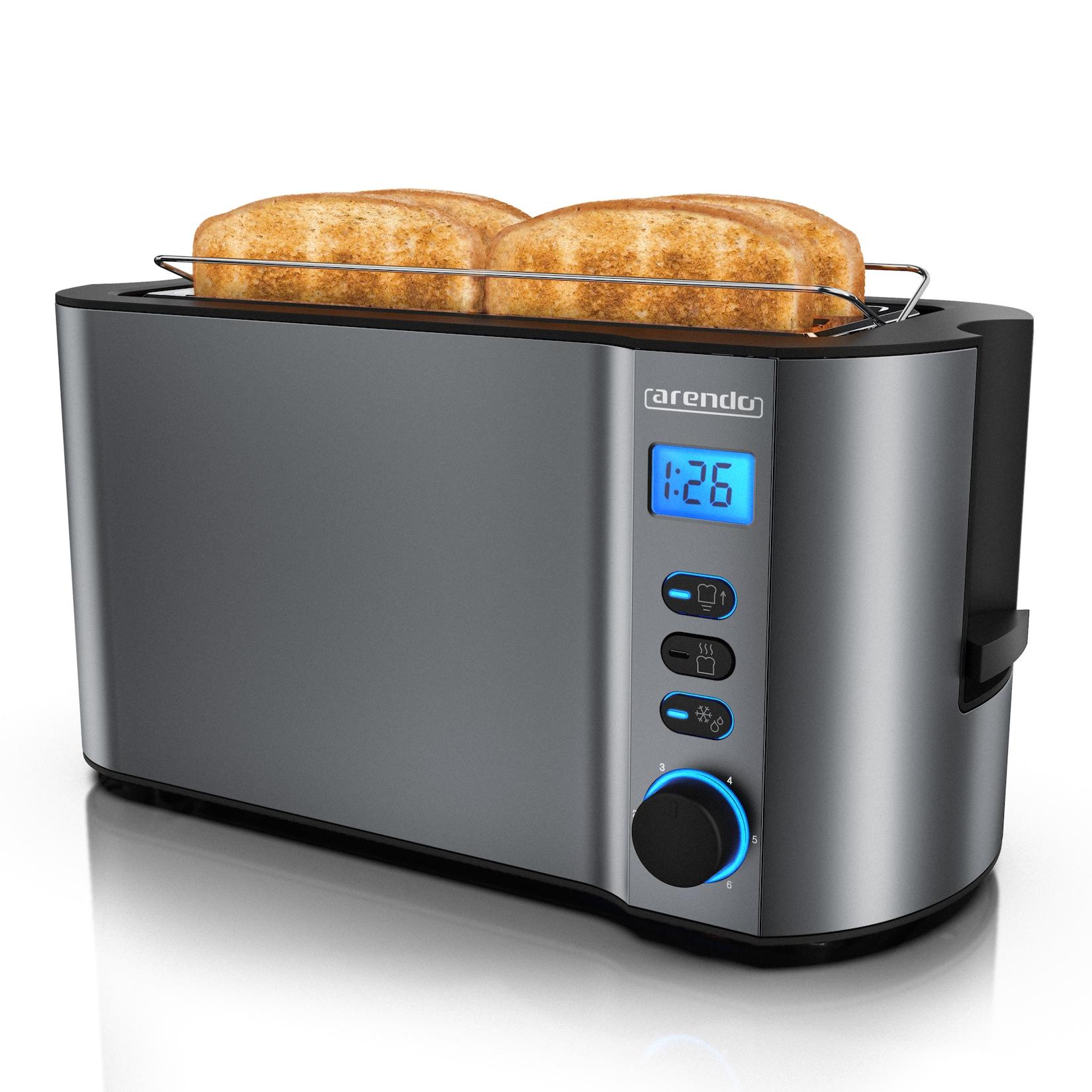 Arendo Langschlitztoaster 4 Scheiben, Edelstahl Toaster mit Restzeitanzeige, 1500W, Doppelwandgehäuse, Brötchenaufsatz, 6 Bräunungsgrade