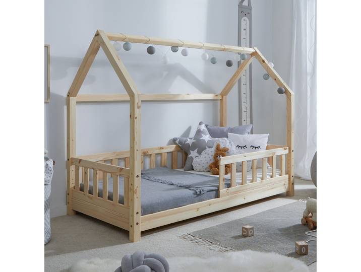 Massives Hausbett Kay 80 x 160cm ohne mit Lattenrost & Matratze Braun/Beige/Kiefer