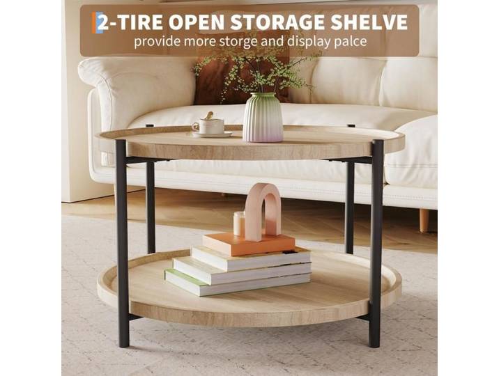 Table basse ronde 2 niveaux rangement cadre métal chêne naturel petits espaces