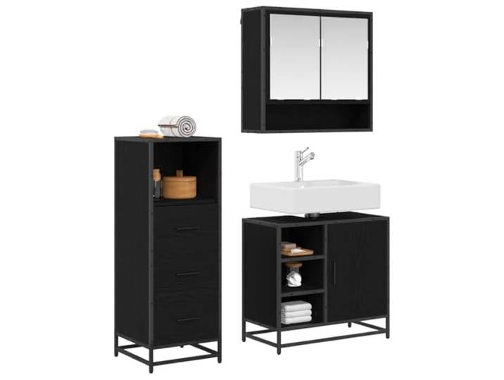 Badmöbelset 3 pcs Schwarz Eichen-Optik Holzwerkstoff Wandschrank 65x20x60 cm, Waschtischschrank 65x33x60 cm, Hoher Schrank 37,5x35x100 cm, Feuchtigkeitsresistent