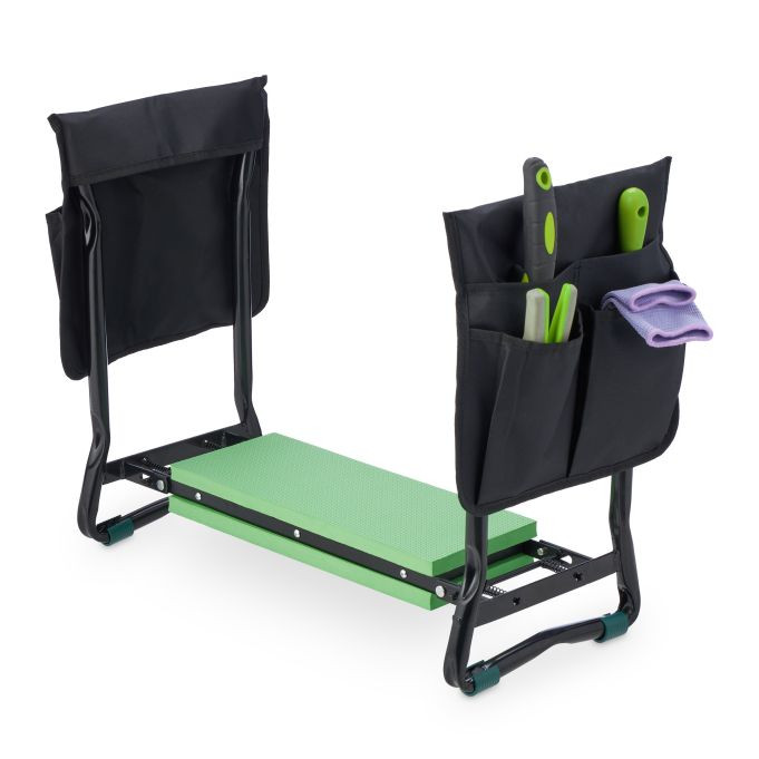 Relaxdays Inklapbare kniebank voor het tuinieren met 2 zakjes, zwart/groen