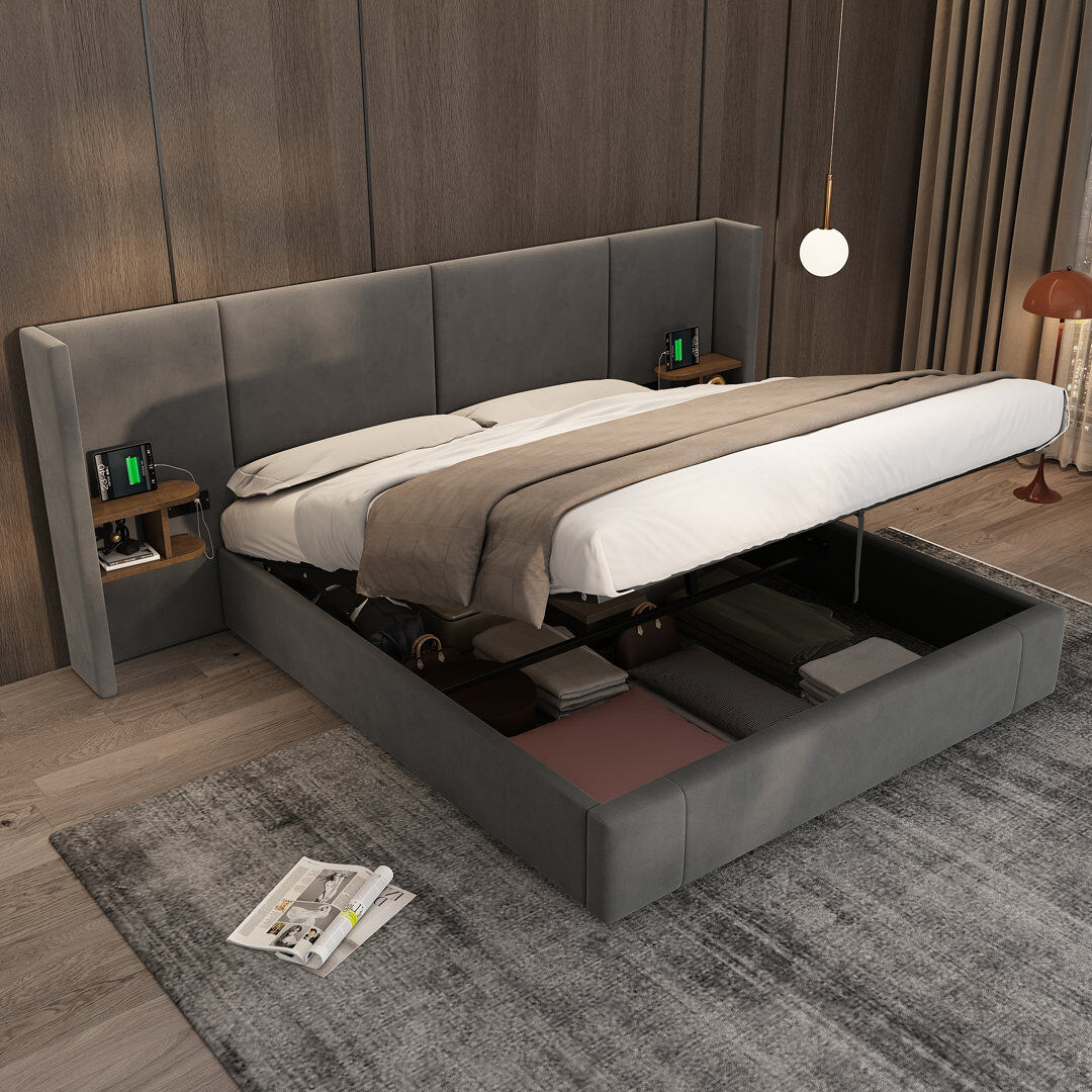 Brayden Studio Captola Upholstered Super King (6') Velvet Lift Up Storage Bed Grey Super King (6')