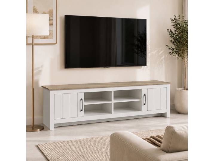 HOMCOM Meuble TV 175cm Chêne Blanc 2 Portes 4 Compartiments 55