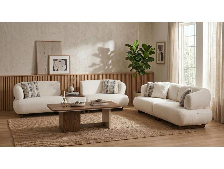 Xlmoebel Polstergarnitur Beige Bouclé Sofa Set 4+3 mit Couchtisch für modernes Wohnen, (3-tlg), Made in Europa