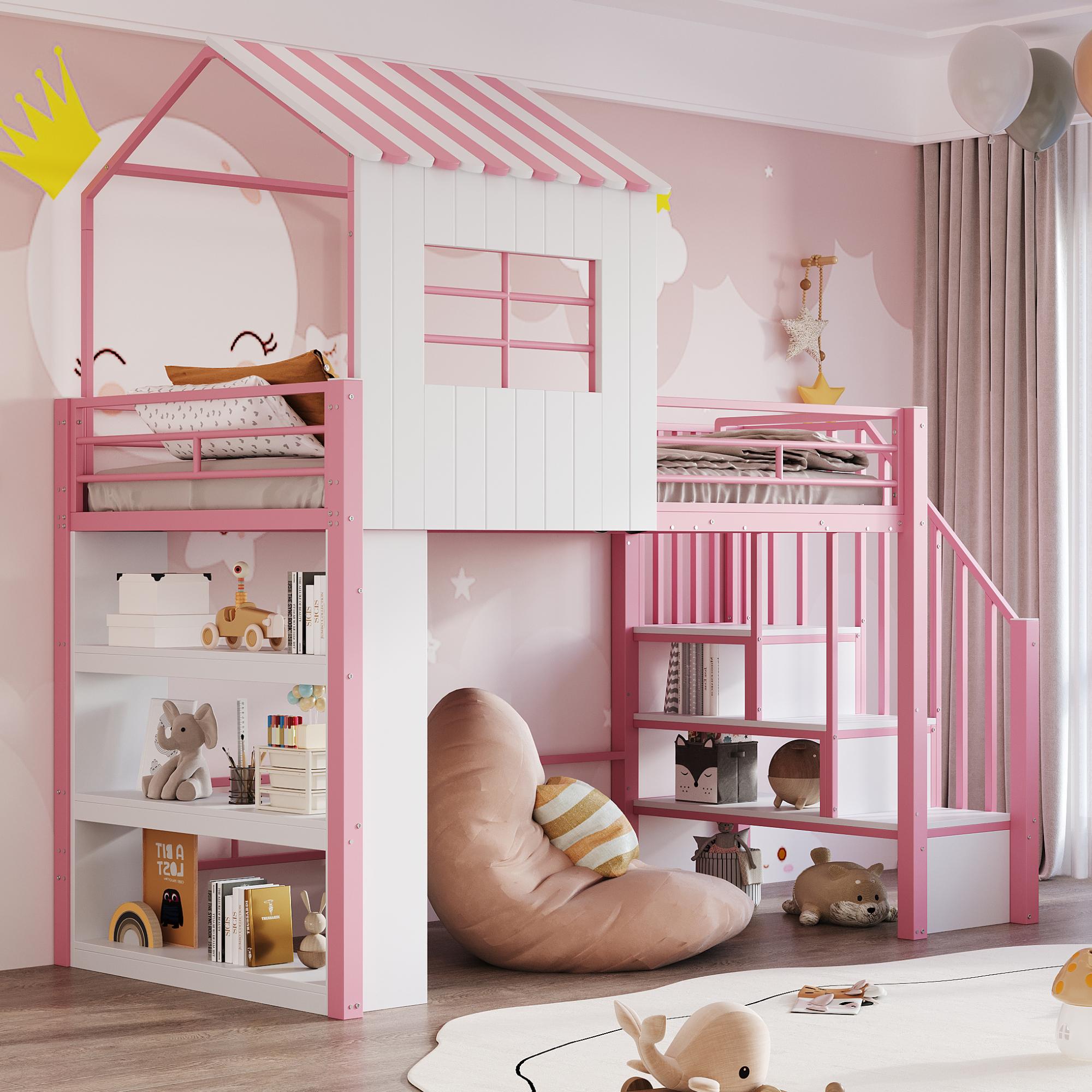 Merax Etagenbett Hochbett 90x200cm mit Hausdesign, Kinderbett mit Schutzgitter, Stauraumregal, Sichere Treppe links/rechts montierbar, Jugendbett,Rosa