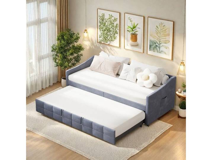 Canapé Lit Convertible 90 x 200 - Lit gigogne extensible 90 x 200 - Lit simple velours avec rangement - Gris - Salon/Chambre