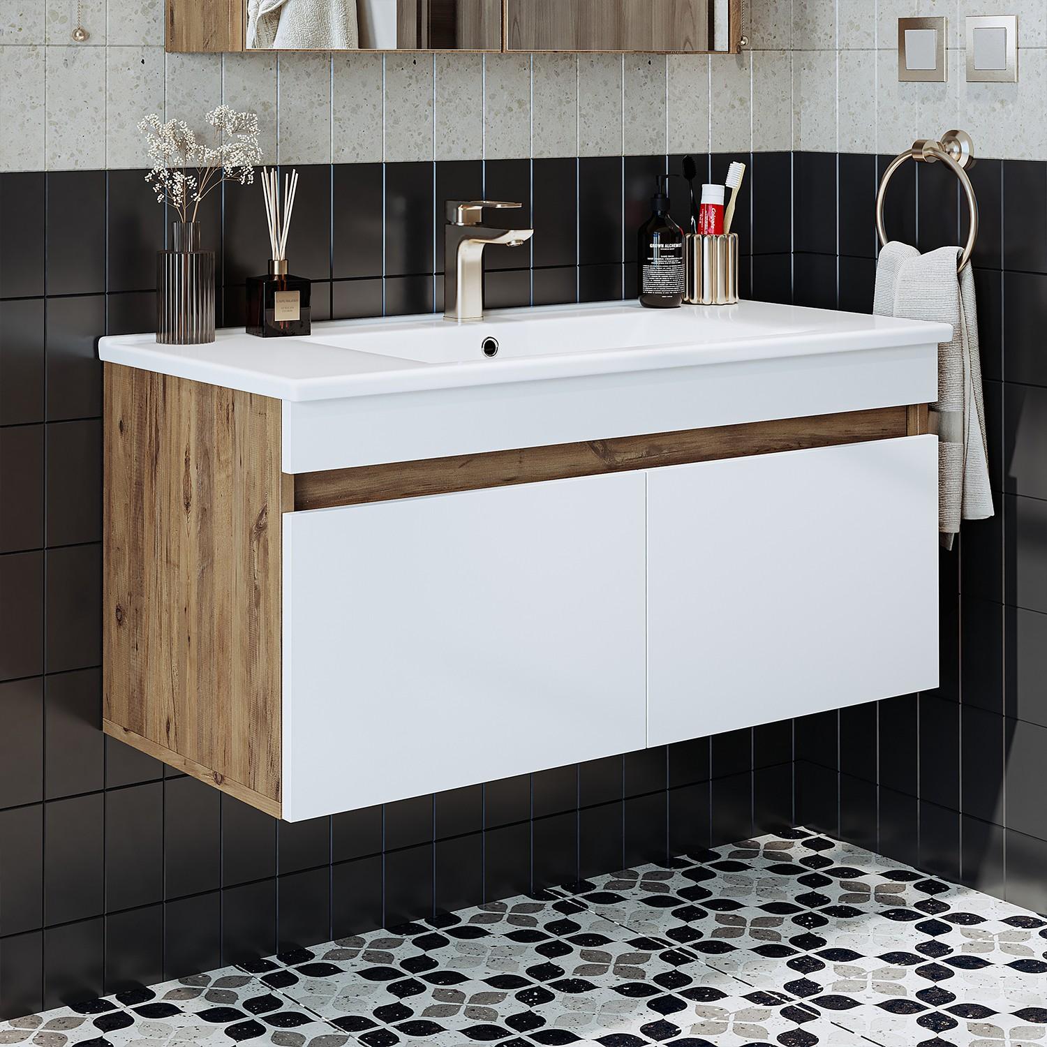 Skye Decor, Moderne Badezimmermöbel mit Waschbecken, 100 cm, Atlantic Pine | 100% MDF-LAM