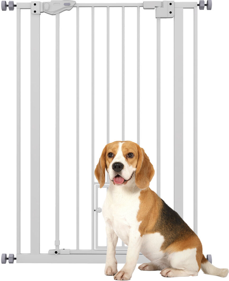 PawHut Extra Tall Dog Gate with Cat Door Auto Close for Stairs 74-80 cm Wide White 104.1cm H X 101cm W X 3.5cm D
