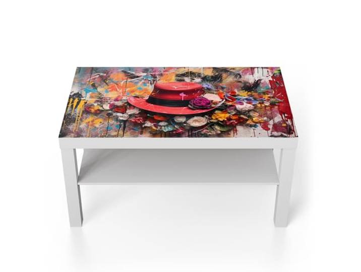 DEQORI Glastisch weiß groß 90x50 cm Motiv Roter Hut im Blütenrausch ausgefallener Beistelltisch aus Glas Hochglanz Couchtisch fürs Wohnzimmer moderner Couch Tisch mit Design