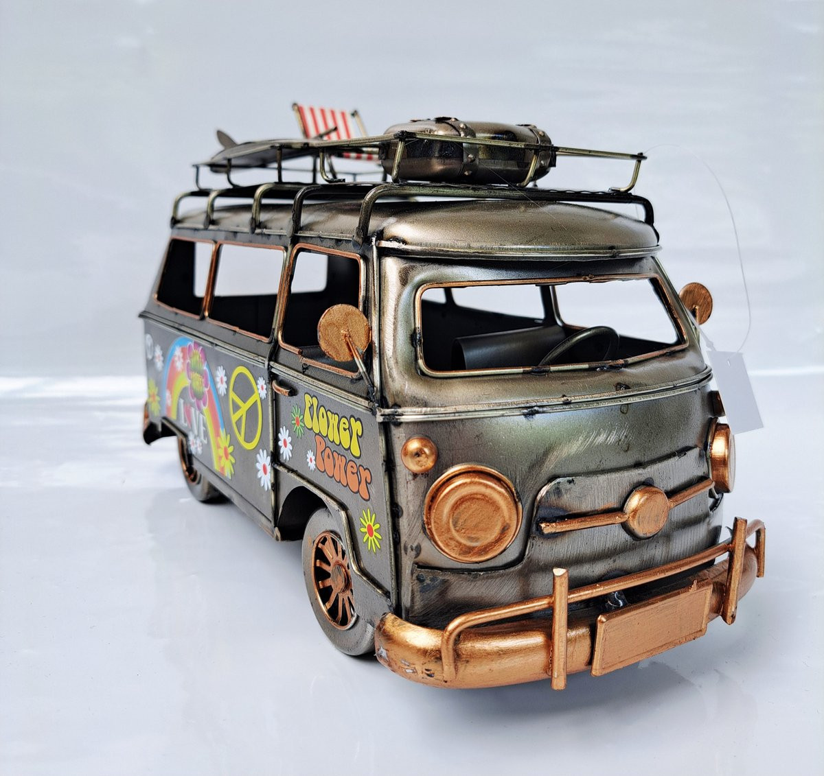 Blikken bus Flower Power 436C81/2950 decoratie van metaal, Lengte: 28 cm