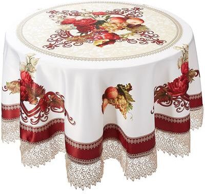 Violet Linen Fruttela Decorative Printed With Lace Trimming Pattern Tablecloth