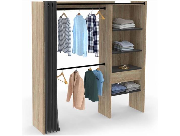 IDMarket Dressing extensible MARTY 120/170x50x180 cm bois et noir double penderie et étagères avec rideau