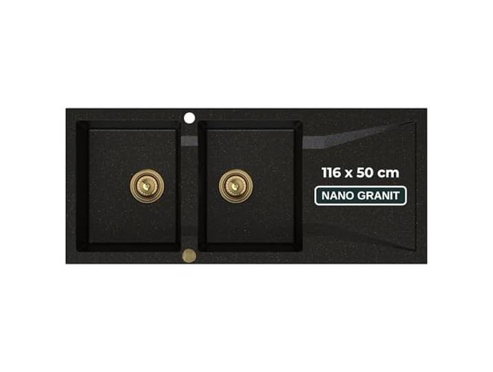 SINK QUALITY Doppelspüle mit Abtropffläche, Granitspüle schwarz-gold 116x50 cm, Doppel Spülbecken mit Siphon und Imprägniermittel, 2 Becken Küchenspüle ab 80er Unterschrank