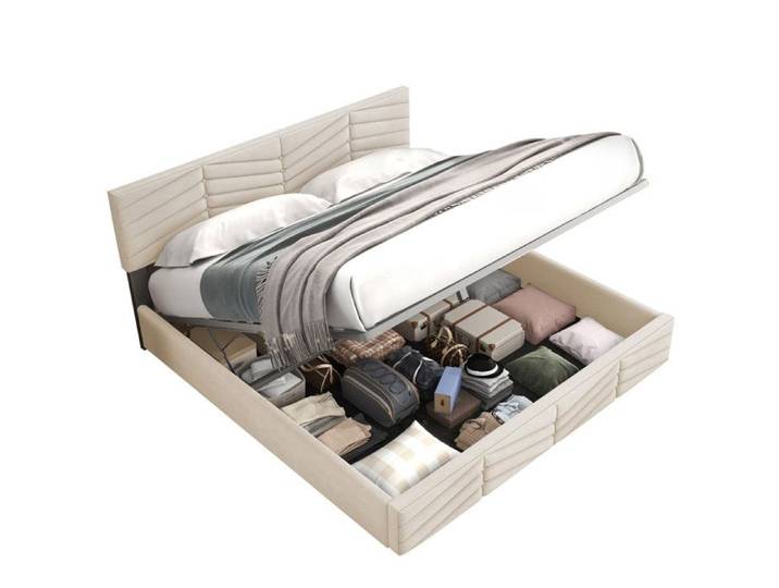 ROVRYN Lit coffre double 160 x 200 cm en velours beige tête de lit réglable sommier à lattes inclus