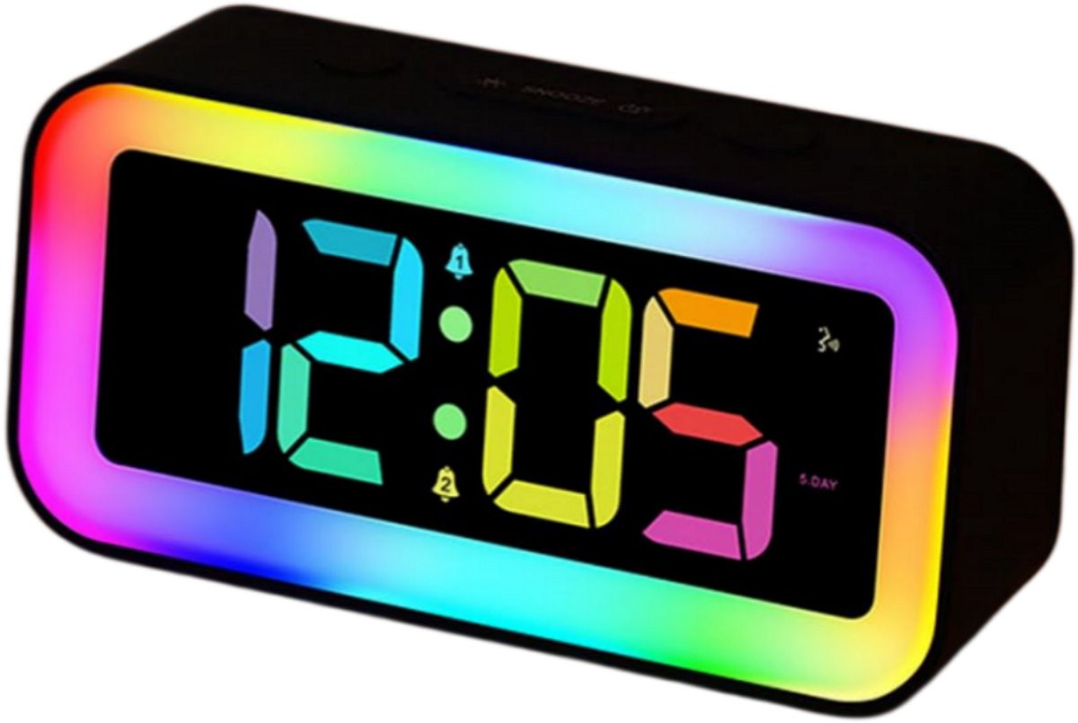 Longziming Digitale Wekker met RGB Licht en LED Alarmklok - Zwart