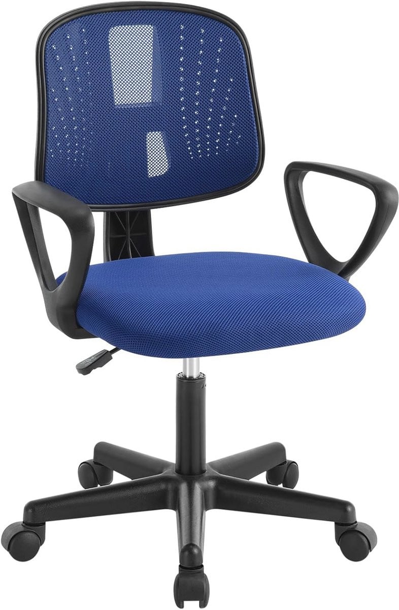 Blauwe ergonomische bureaustoel voor kinderen met armleuningen en wieltjes