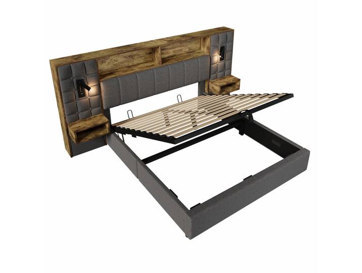 Oxeza Polsterbett 160/200 cm Grau mit Led, 2 Leselampen und 2 integrierte Nachttische, Mode, Rechteckig, 160x200 cm, Schlafzimmer, Betten, Polsterbetten