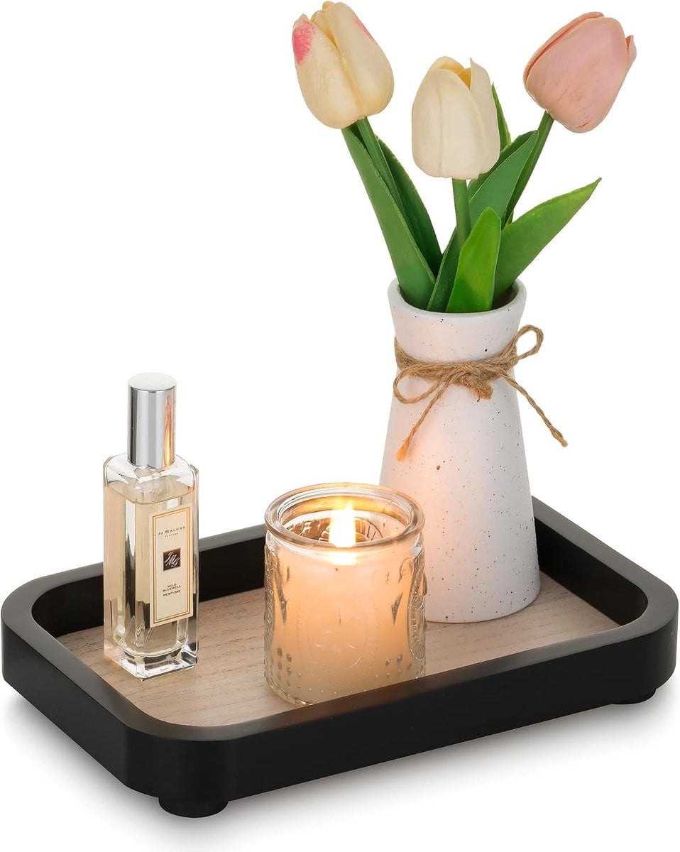 Decoratieve Tray voor Badkamer: Zwarte Houten Riser voor Parfums, Make-up en Sieraden, Breedte: 24 cm