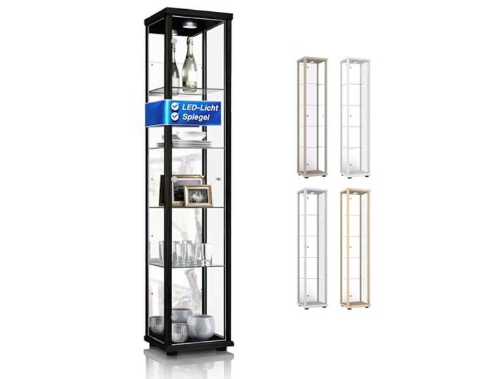 K-Möbel Standvitrine (176x37x33cm) - Made in Germany - Vitrinenschrank Schwarz mit 4 höhenverstellbaren Glasböden, Spiegel & LED - Glasvitrine Stehend - Vitrine Glas - Display Cabinet