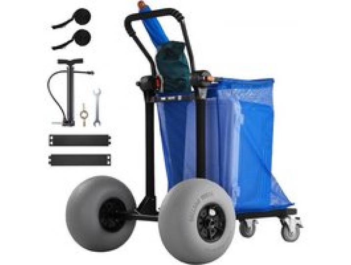 VEVOR Chariot de Plage Tout-terrain, Chariot de Transport Pliable Charge 75 kg, Charette pour Camping Pêche Jardin Extérieur, avec Roues Ballons 32 cm, Sac de Rangement et Guidon Réglable à 180°