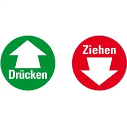 Aufkleber I Türhinweis Drücken/Ziehen, doppelseitig, grün/rot, Folie, selbstklebend, Ø 100mm