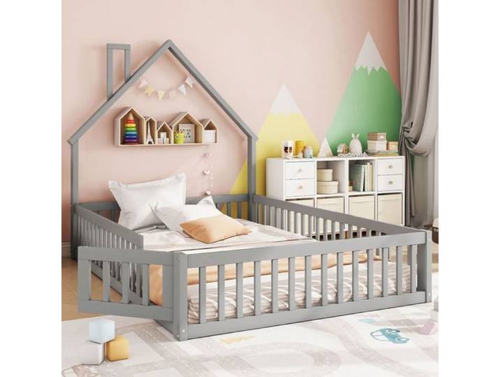 Lit enfant 140 x 200 cm Forme cheminée Sommier à lattes Sans matelas Pin Gris Gris O.Ye Gris LIT COMPLET