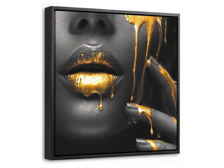 LEINWAND Bilder mit Rahmen - Frau - Schwarz - Gold - Gesicht - Lippen - 20x20