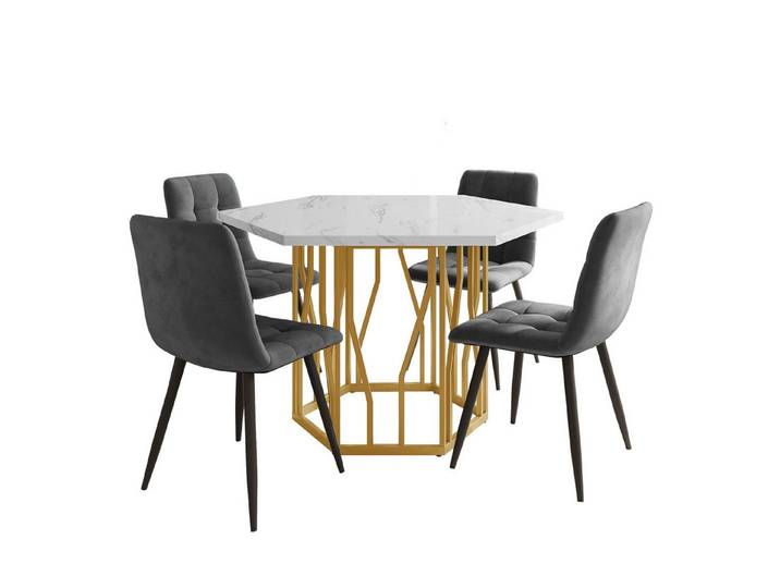 BBWL Essgruppe stilvolles 5-teiliges Esszimmer-Set für elegante Wohnräume, mit Marmor-Esstisch und 4 graue Samtstühle