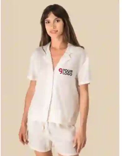 Camicia donna a maniche corte in lino con collo bowling Personalizzate o neutre Spasso