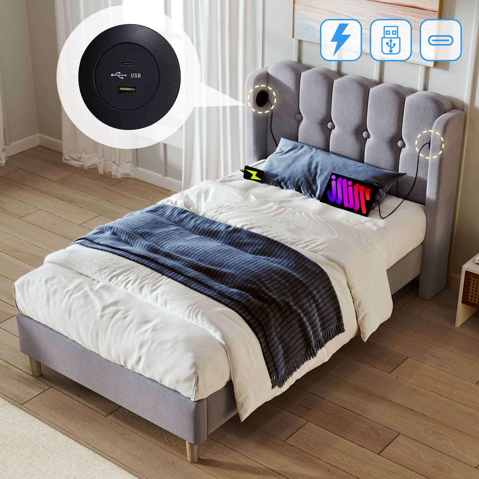 STILVORA Bekleed eenpersoonsbed met USB-C oplaadfunctie en lattenbodem, grijs fluweel, 90 x 200 cm