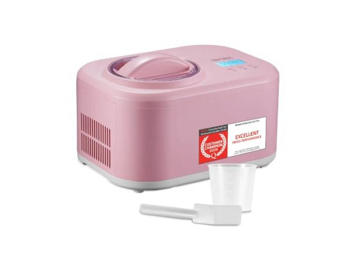 TZS First Austria - Sorbetière 1L avec Compresseur 3-en-1-100W Machine à Glace Auto-Réfrigérante - Pour Frozen Yogurt\, Sorbet & Glace - Cuve Inox - Rose