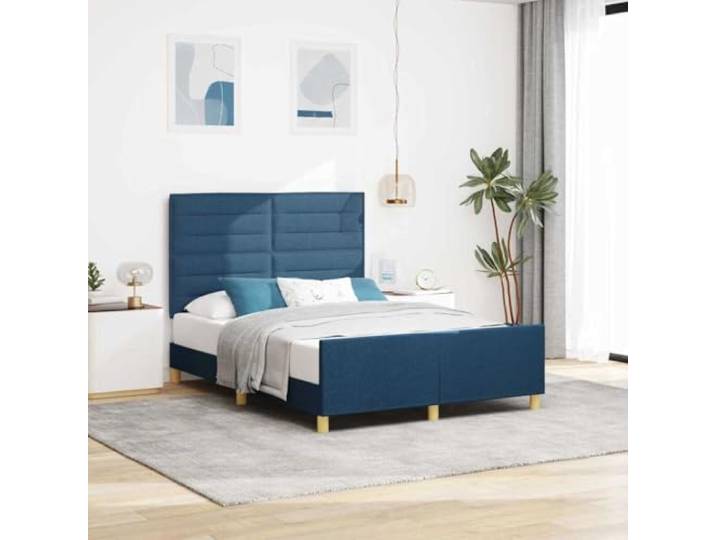 Bettgestell mit Kopfteil, blau, 160 x 200 cm, Stoff Plattform ohne Boxspringbett, Stoffbezug, Schaumstoff, Holztechnik, Kopfteil und Fußteil, minimalistisches Design