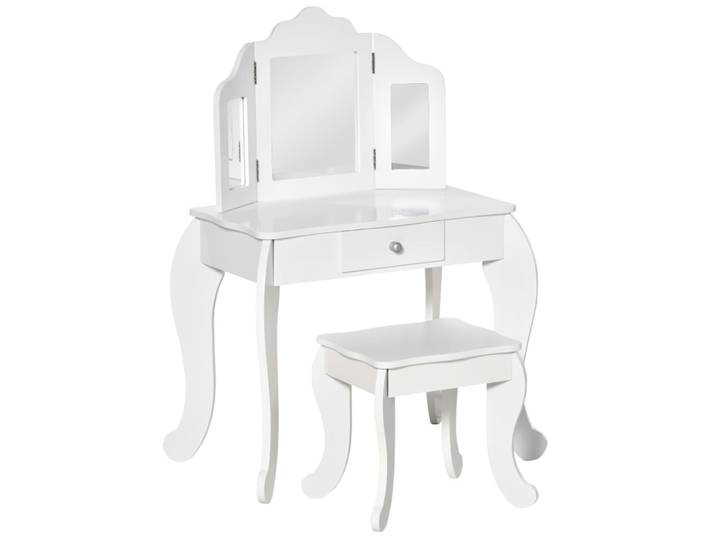 Coiffeuse enfant tabouret miroir triptyque et tiroir coulissant blanc