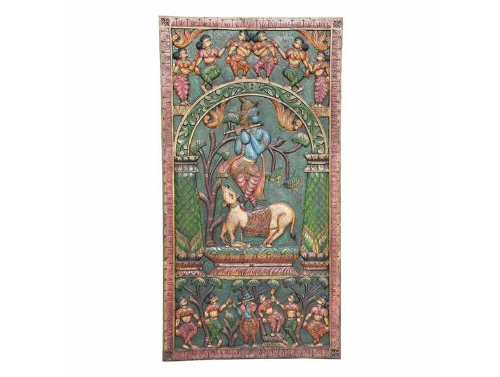 Luxury-Park-Direct Kommode Geschnitztes Holzwand-Panel aus Indien – Krishna spielt Bansuri. Luxur